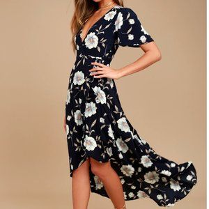 Lulu's Lake Como Navy Blue Floral Print High-Low Wrap Dress